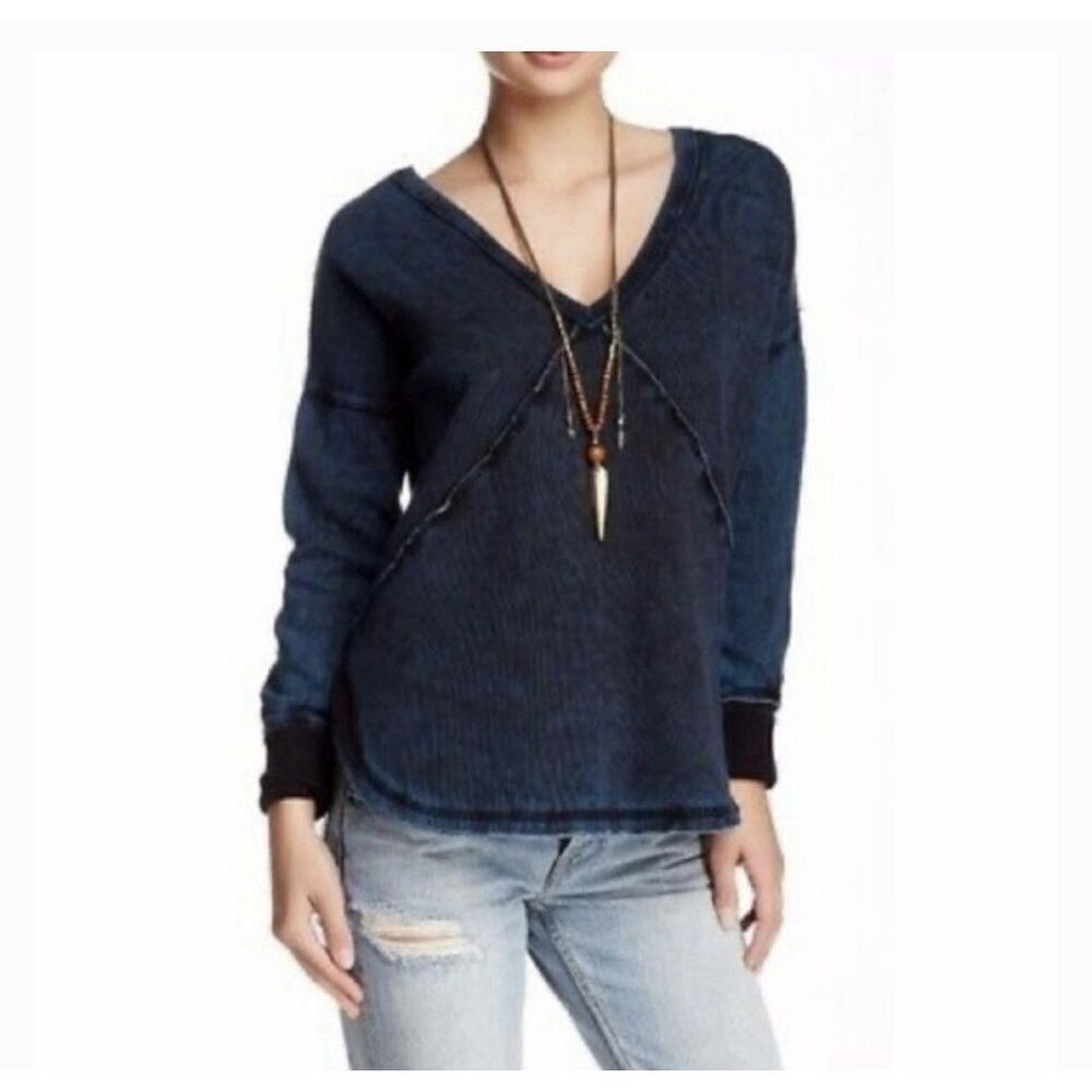 Free People Women’s Indigo Western Long Sleeve Cotton Pullover Top Size SP